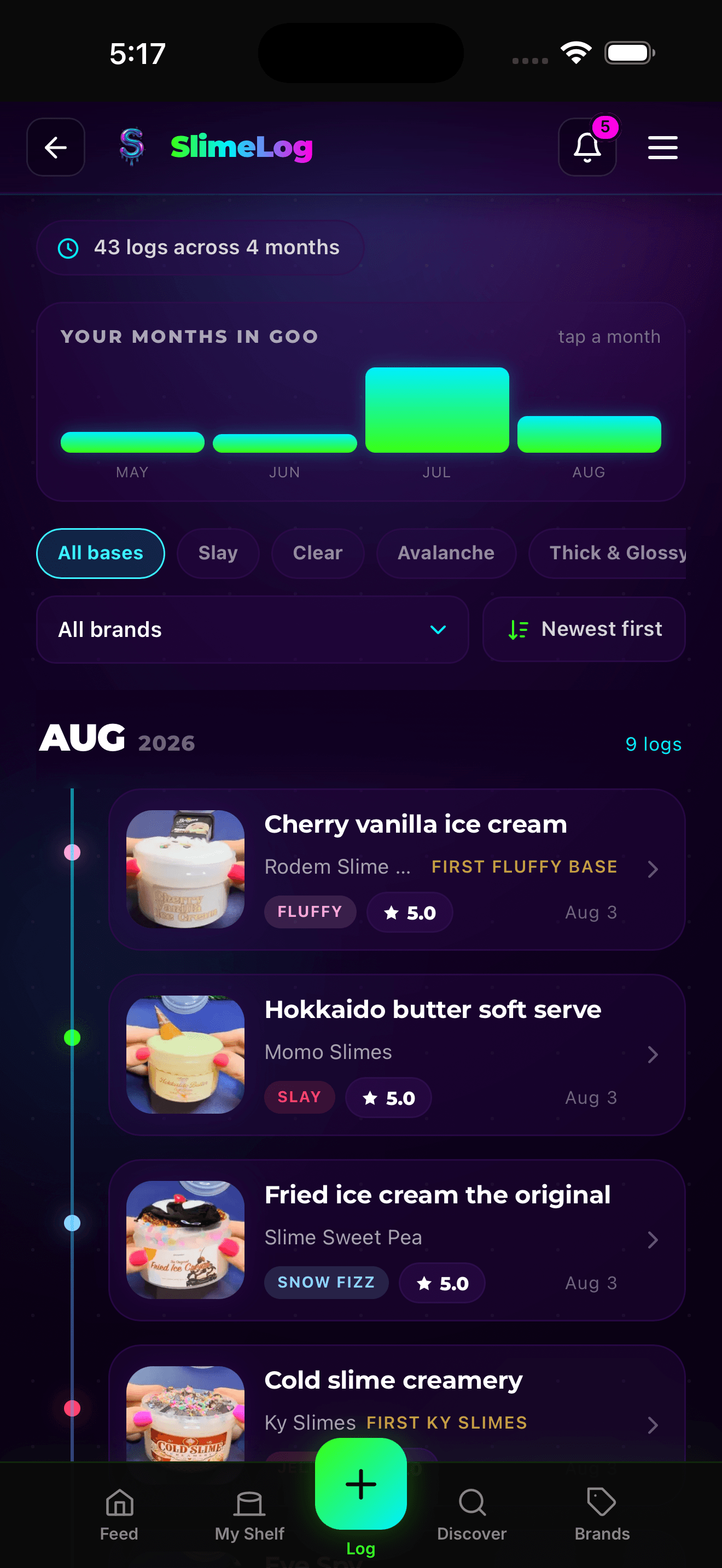 SlimeLog My Shelf timeline view